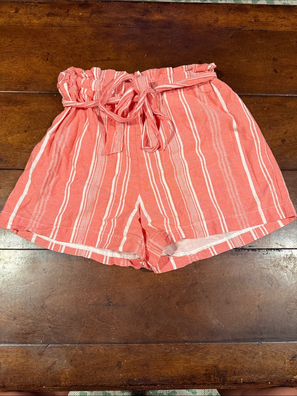 mi ami Coral-Pink Striped High Waist Paperbag Shorts